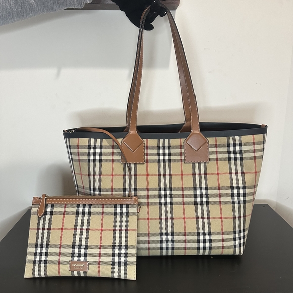Burberry Tan and Black Checkered Tote with Pouch Medium Size - Picture 1 of 3